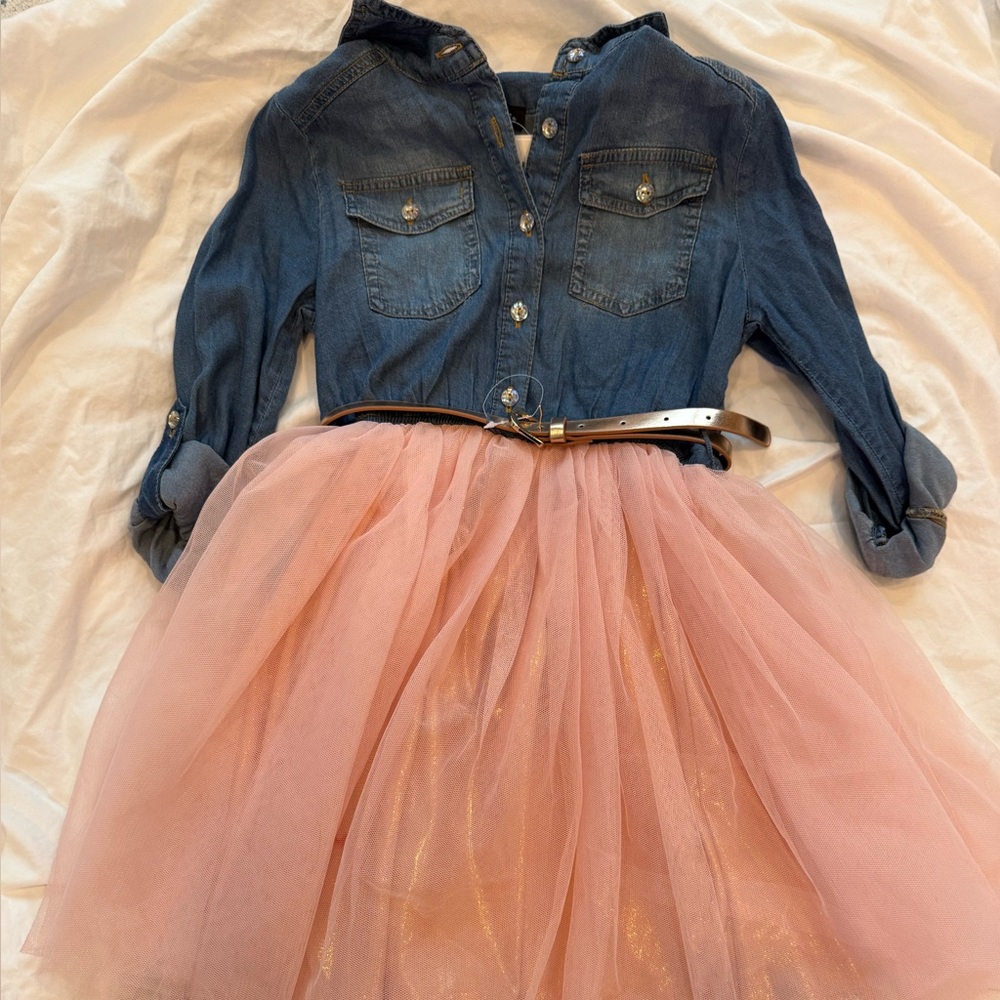 Zunie Denim-Look Top with Pink Tulle Skirt and Metallic Belt